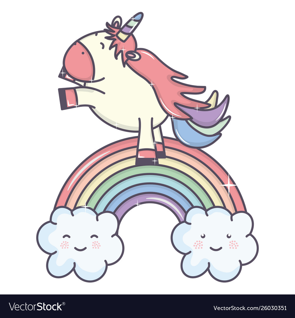 Cute Adorable Unicorn With Clouds And Rainbow Vector Image