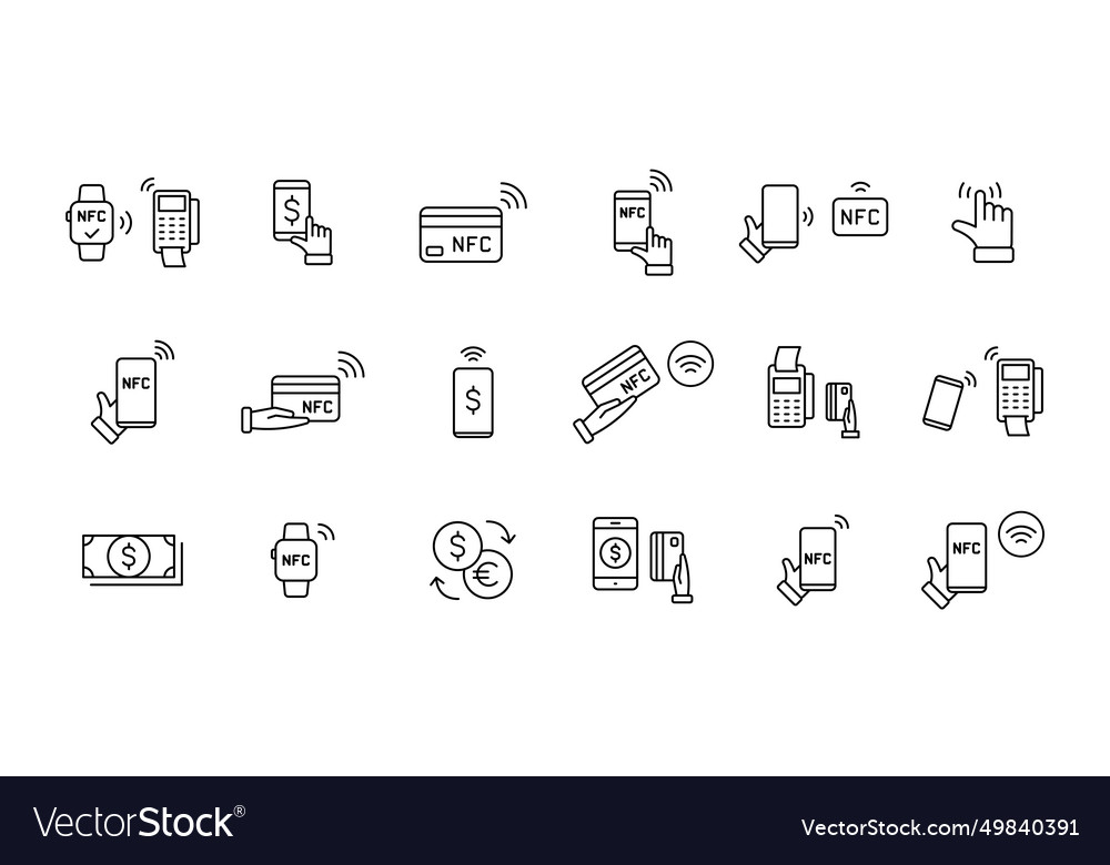 Set Of Nfc Payment Linear Icons Pay Pass Wireless Vector Image