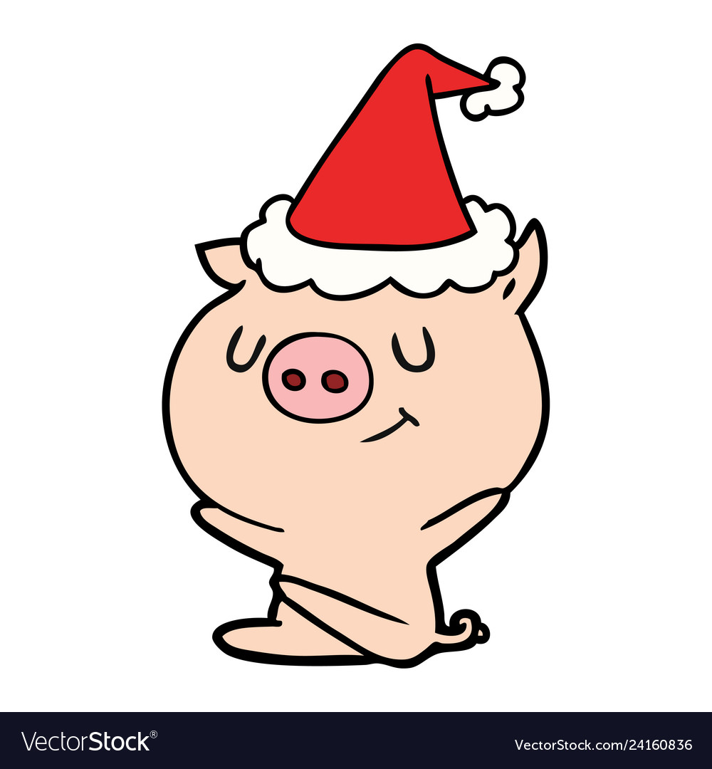 Happy Line Drawing Of A Pig Wearing Santa Hat Vector Image