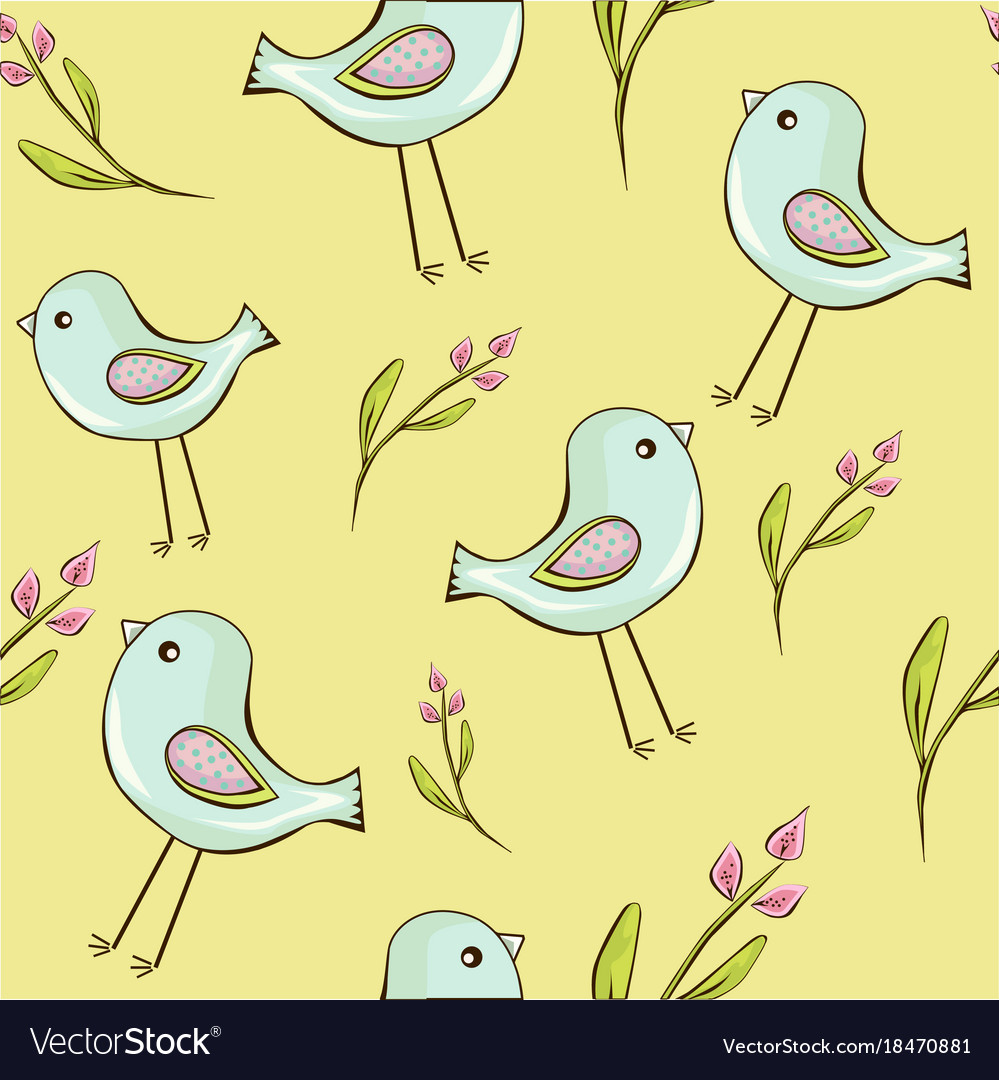 Seamless Background Of Cute Birds With Flowers Vector Image