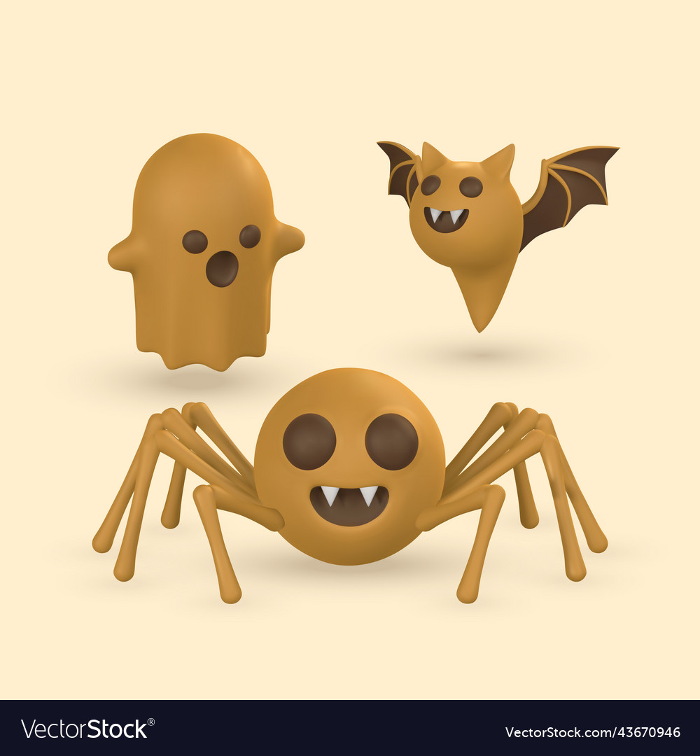 Cute Cartoon 3d Halloween Ghost Bat And Spider Vector Image