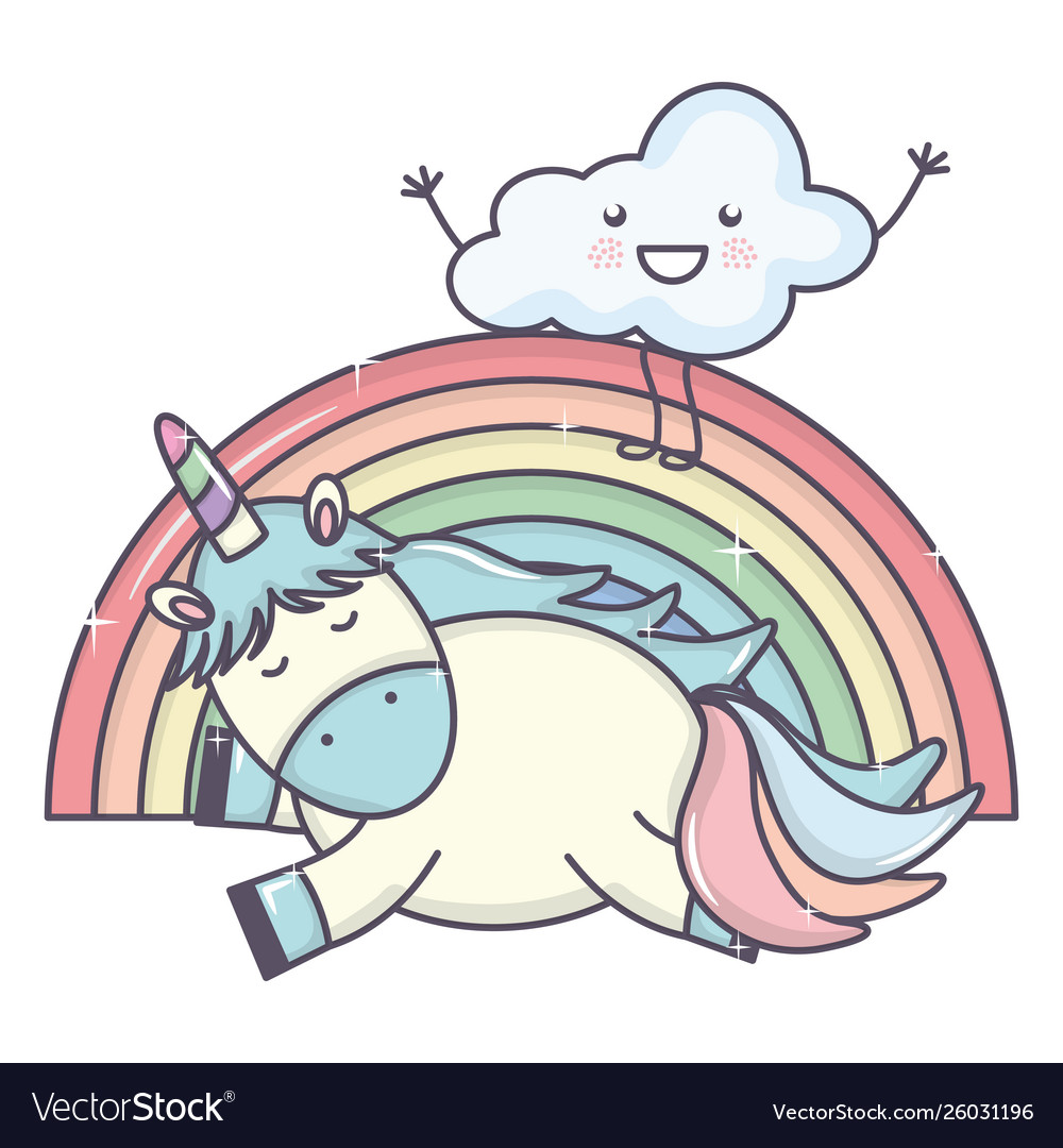 Cute Adorable Unicorn With Clouds And Rainbow Vector Image