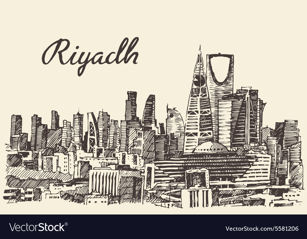 Riyadh Skyline Engraved Hand Drawn Sketch Vector Image