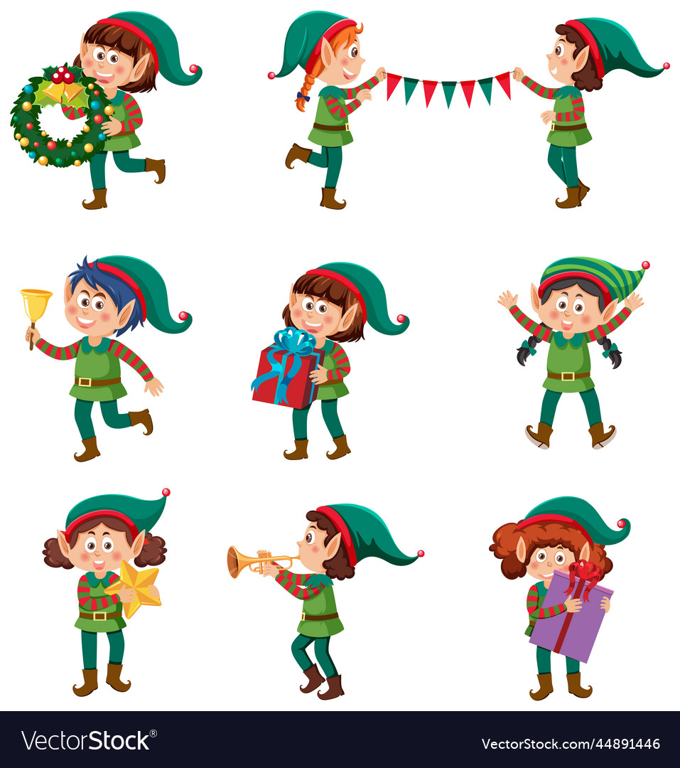 Christmas Elves Cartoon Characters Set Royalty Free Vector