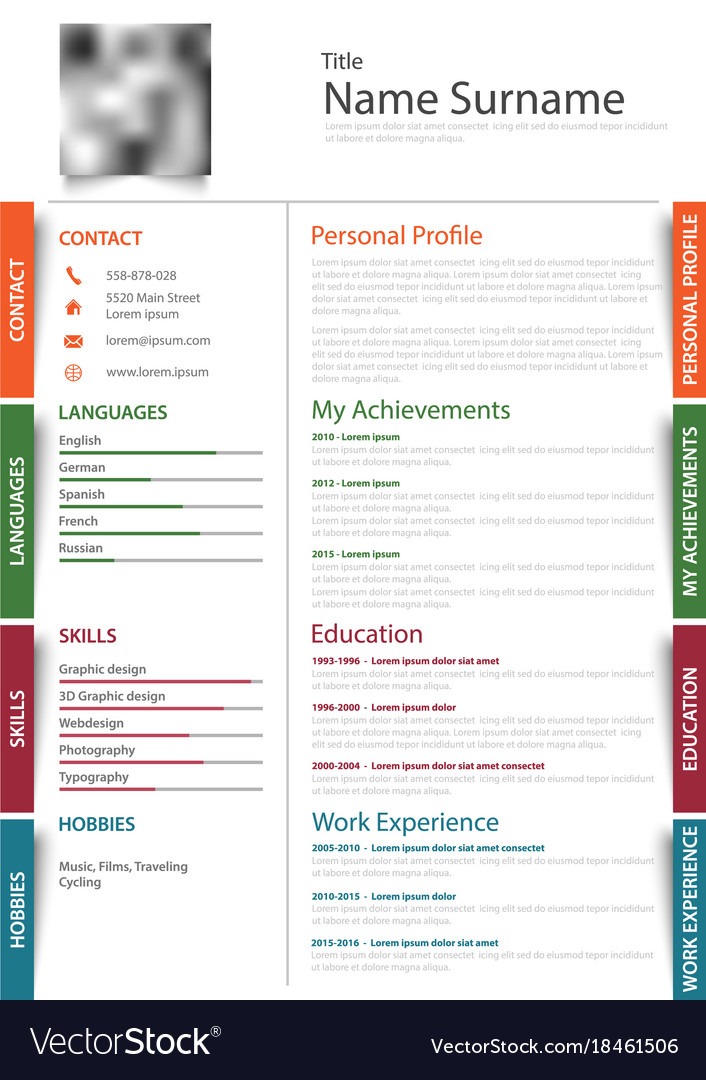 Professional Resume Cv With Colored Design Vector Image