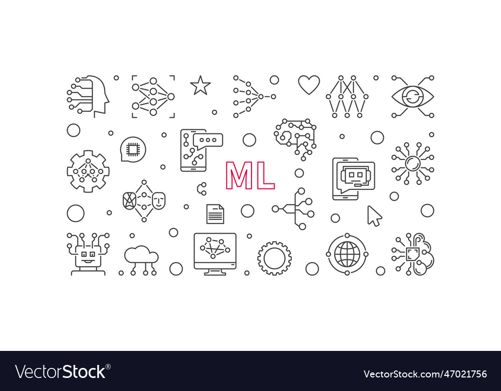 Ml Concept Horizontal Outline Banner Machine Vector Image