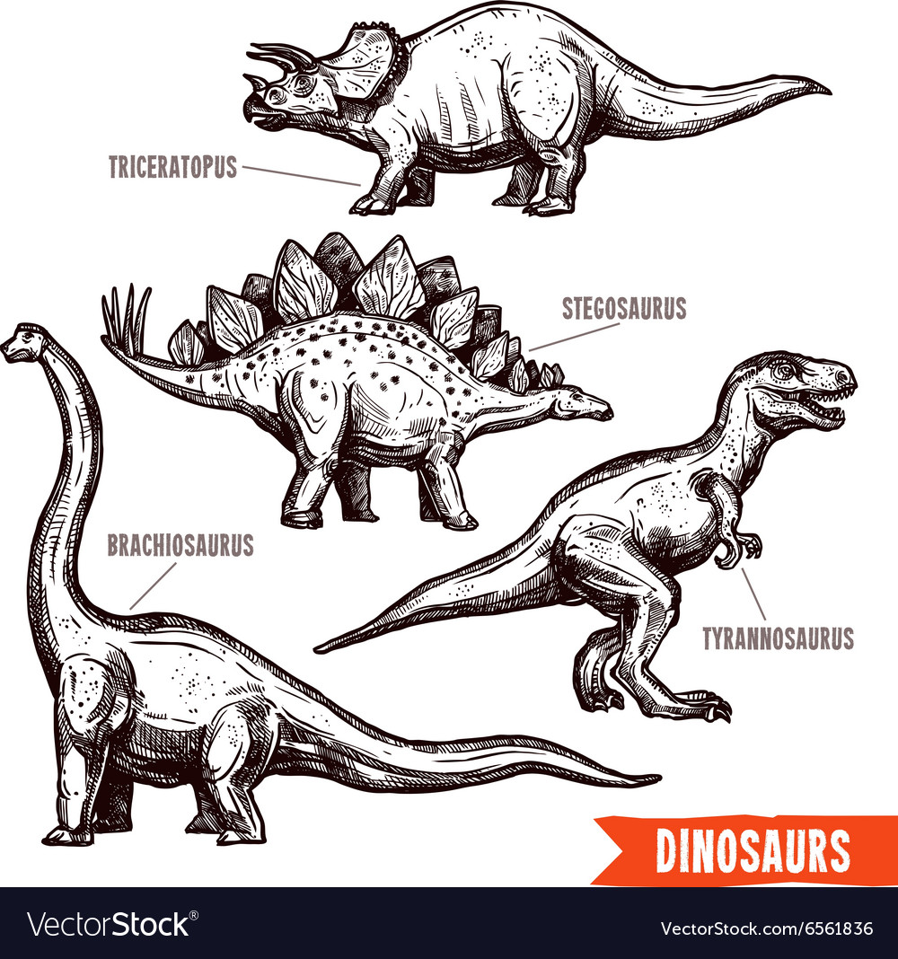 Hand Drawn Dinosaurs Set Black Doodle Royalty Free Vector