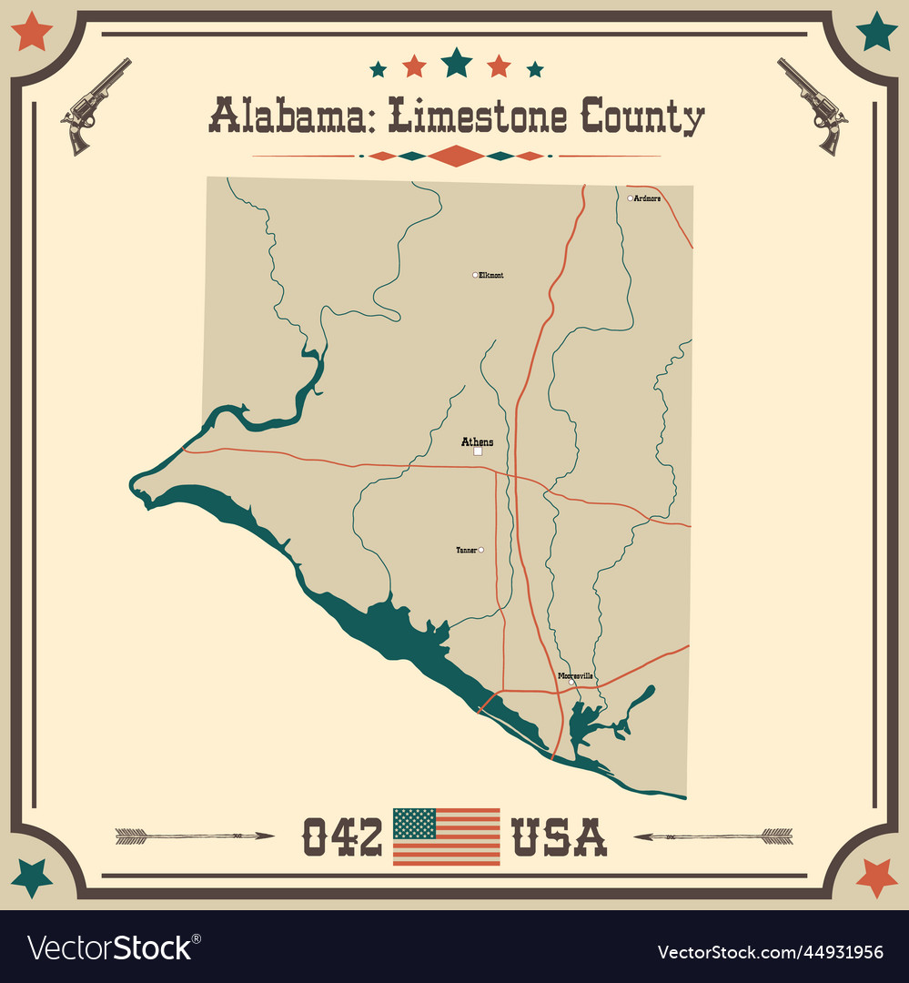 Vintage Map Of Limestone County In Alabama Usa Vector Image