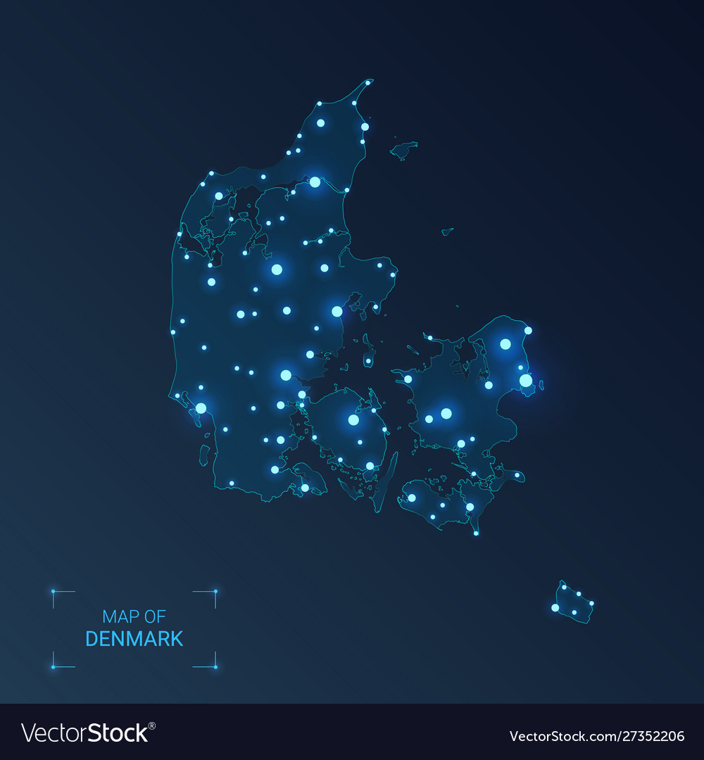 Denmark Map With Cities Luminous Dots Neon Vector Image