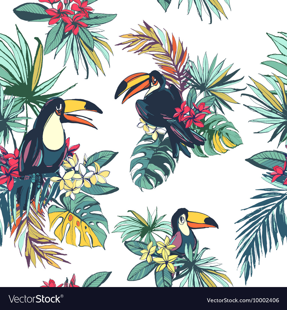 Tropical Floral Summer Seamless Pattern With Palm Vector Image