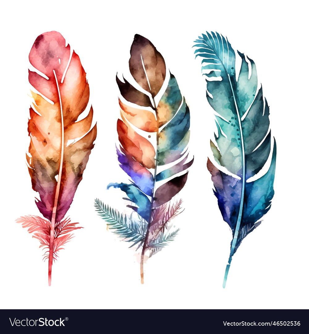 3 Hand Drawn Boho Watercolor Feathers With Vector Image