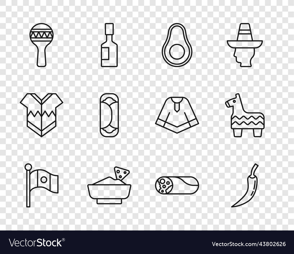 Set Line Mexico Flag Hot Chili Pepper Pod Vector Image