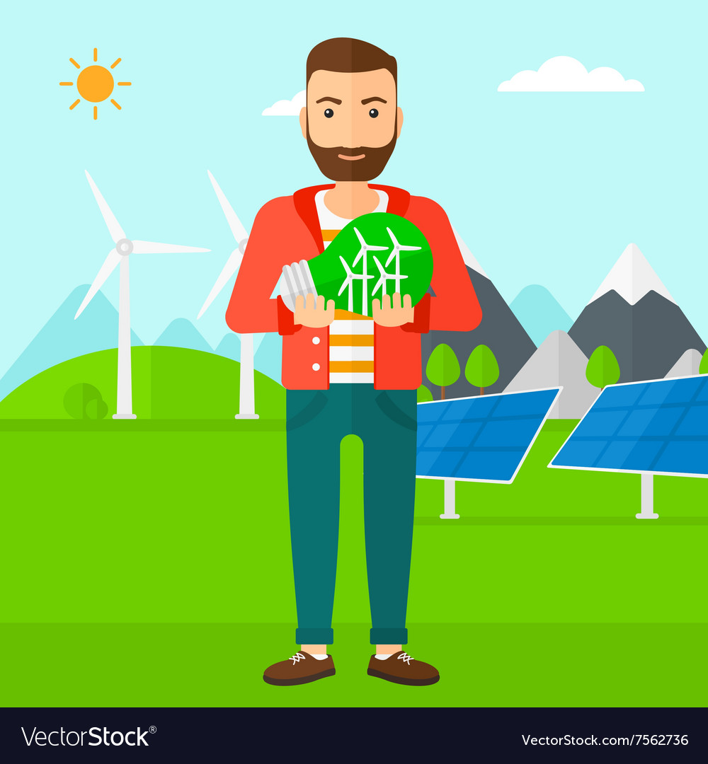 Man Holding Lightbulb With Windmills Inside Vector Image