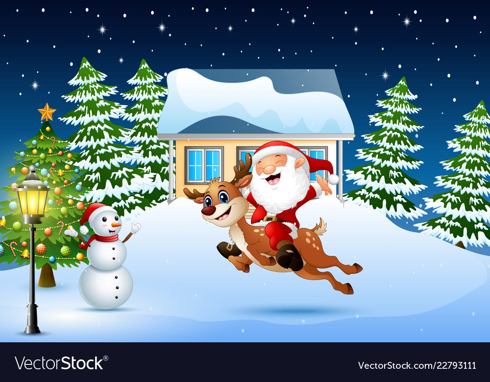 Happy Santa Claus Riding A Reindeer Jumping Vector Image