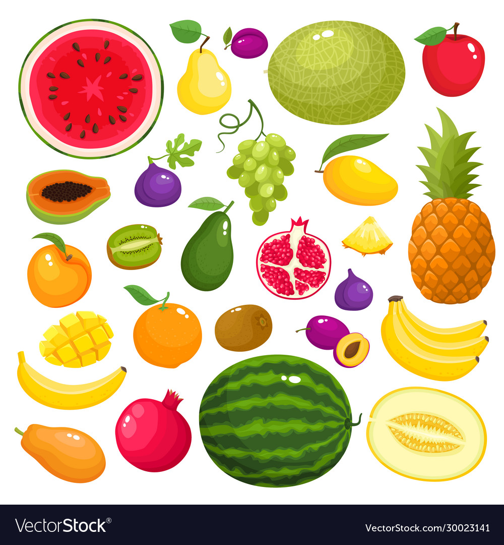 Colorful Cartoon Fresh Fruit Icons Isolated Vector Image