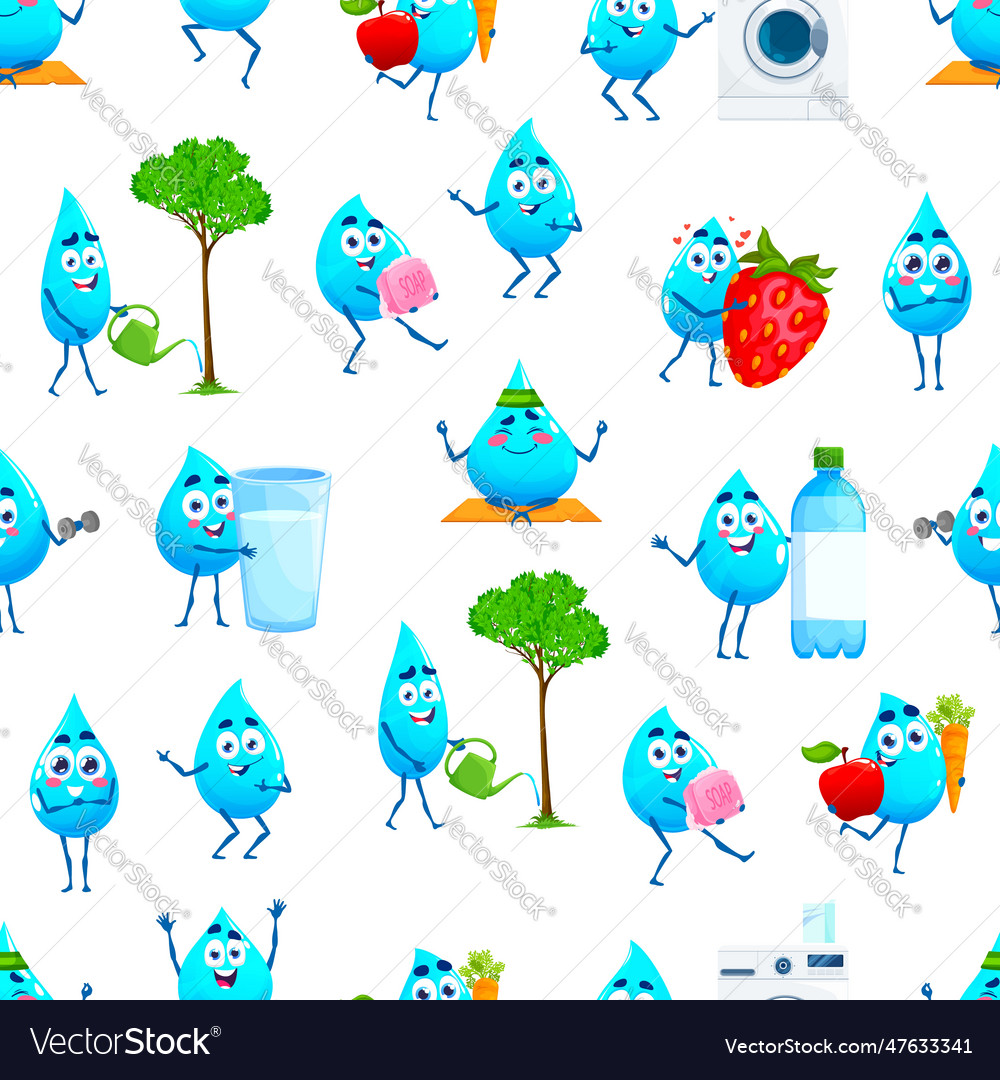 Cartoon Water Drop Characters Seamless Pattern Vector Image