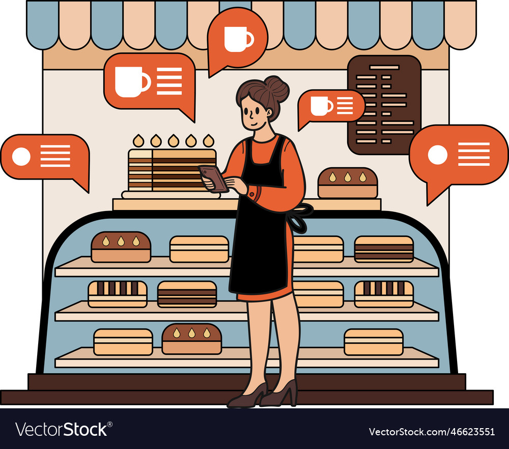 Female Entrepreneur With Bakery Shop In Doodle Vector Image