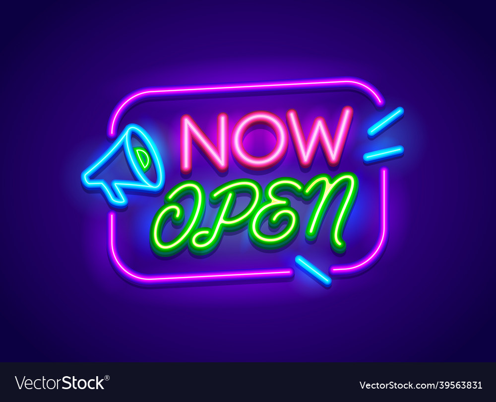 Now Open Banner Neon Glowing Signboard Royalty Free Vector