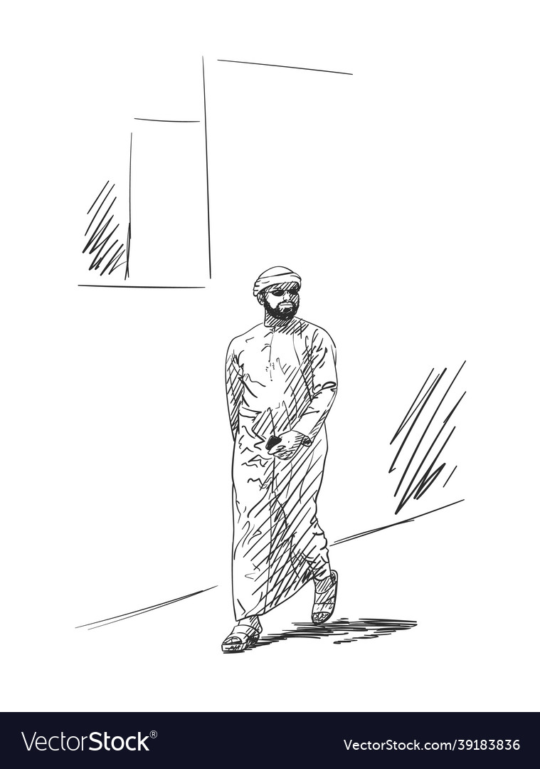 Sketch Of Muslim Arabic Man In Traditional Vector Image