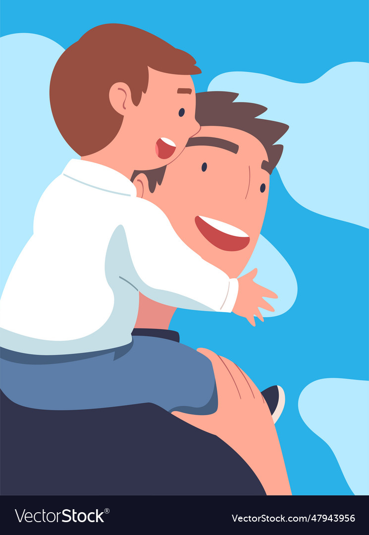 Happy Father Carry His Son On Shoulders Walking Vector Image