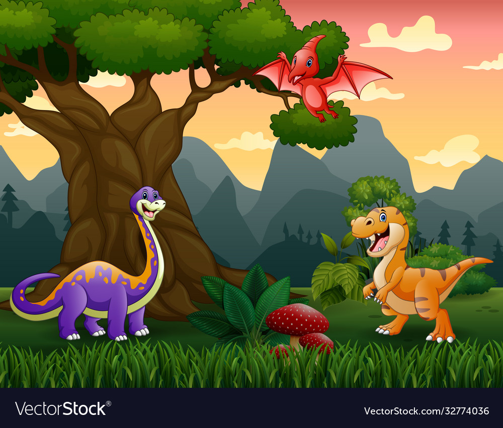 Dinosaurs Cartoon In Jungle Royalty Free Vector Image