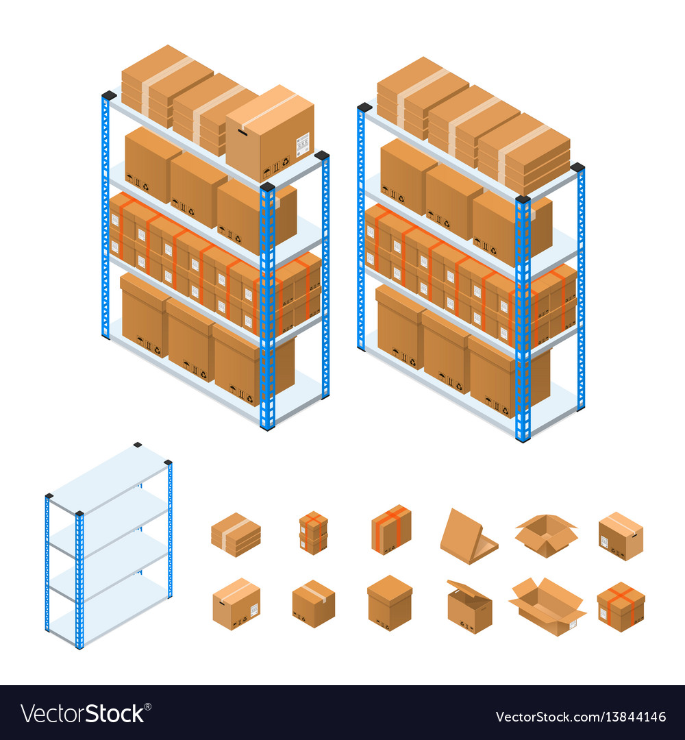 Warehouse Shelves Set Isometric View Royalty Free Vector