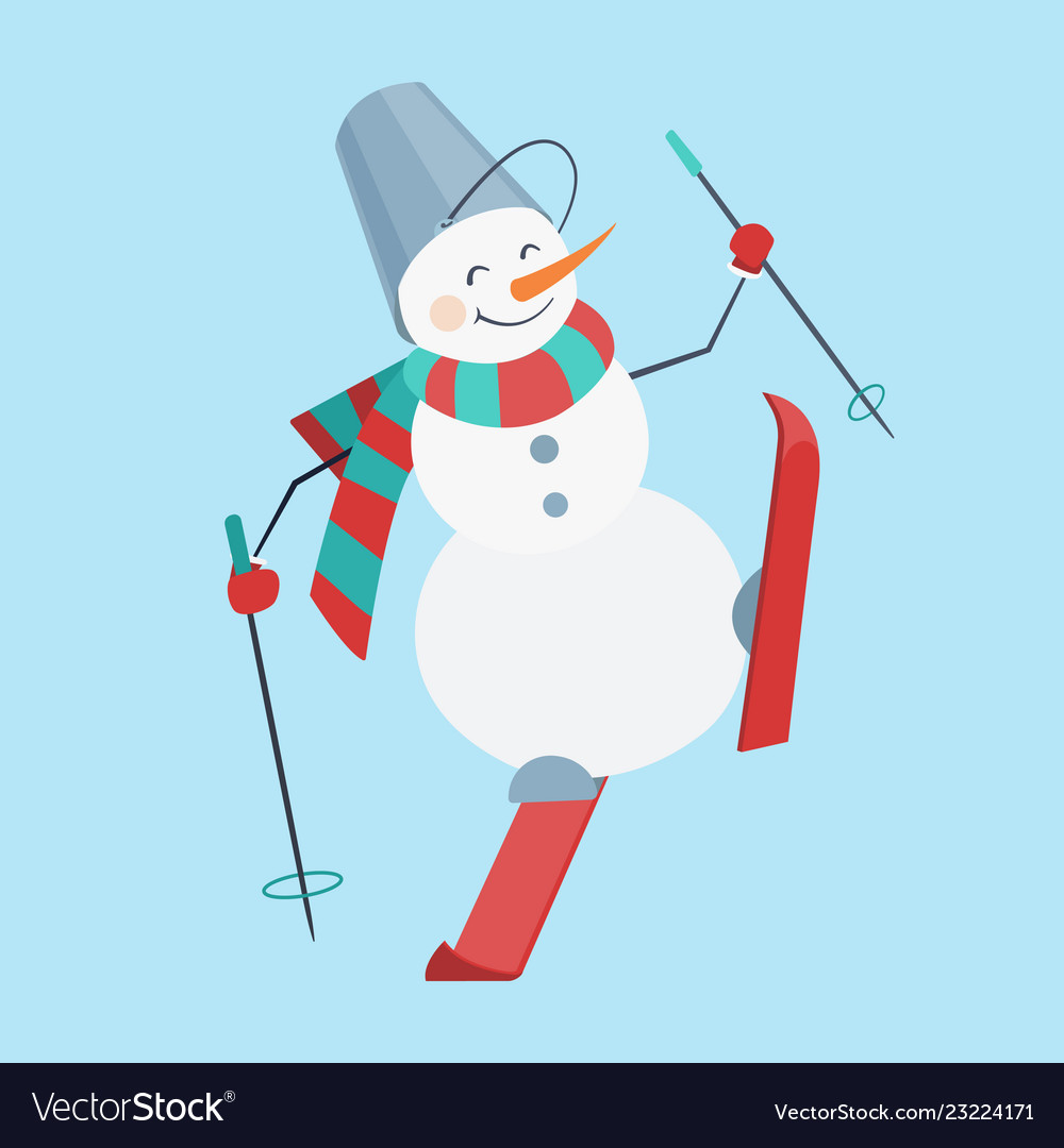 Skiing Snowman Wearing A Striped Scarf Royalty Free Vector