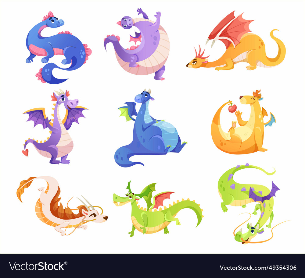 Fairy Colored Dragons As Winged And Horned Vector Image