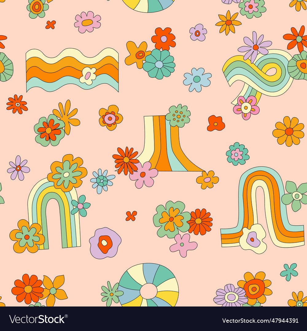 S Groovy Hippie Seamless Pattern With Rainbow Vector Image