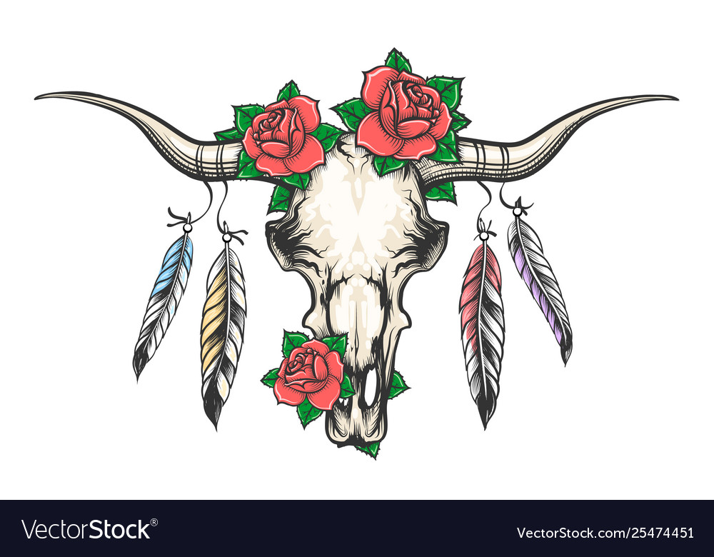 Bull Skull With Feathers And Flowers Royalty Free Vector