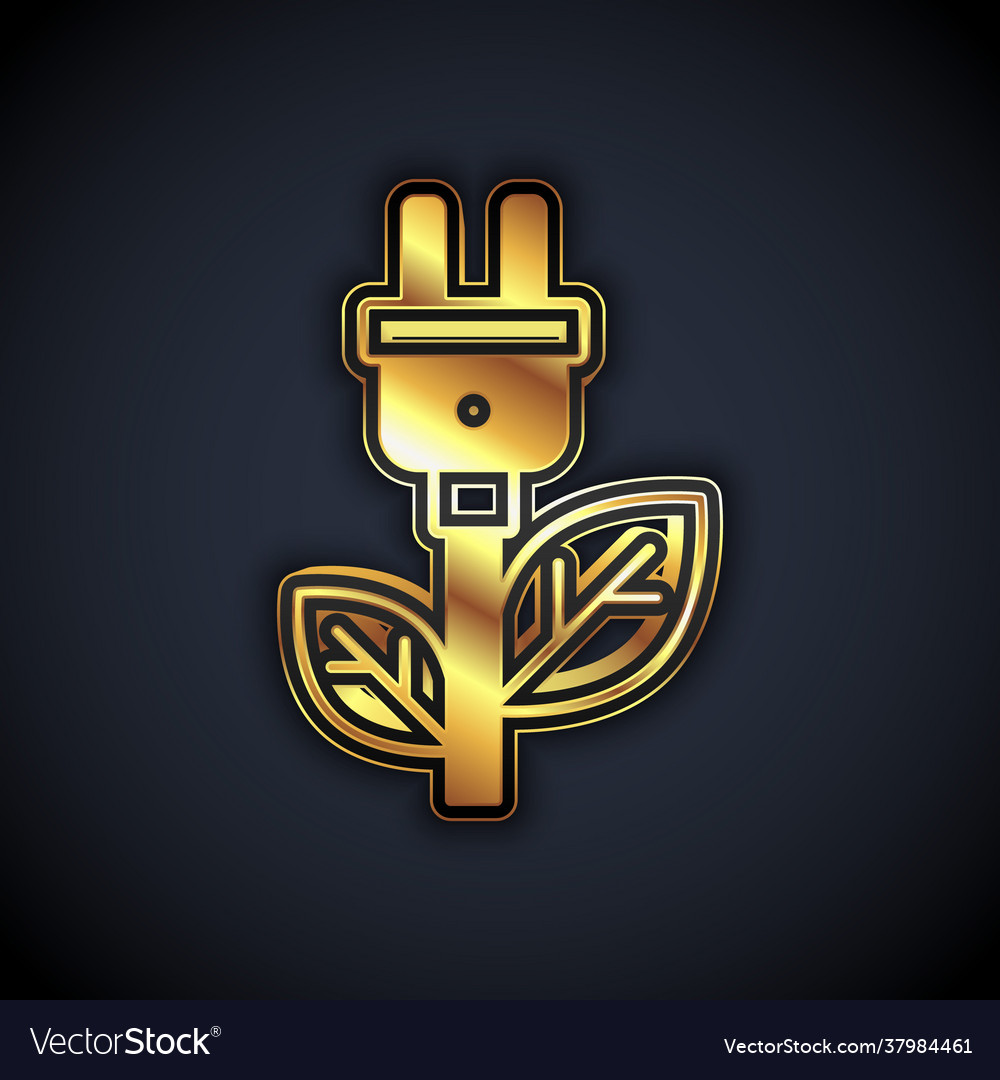 Gold Electric Saving Plug In Leaf Icon Isolated Vector Image