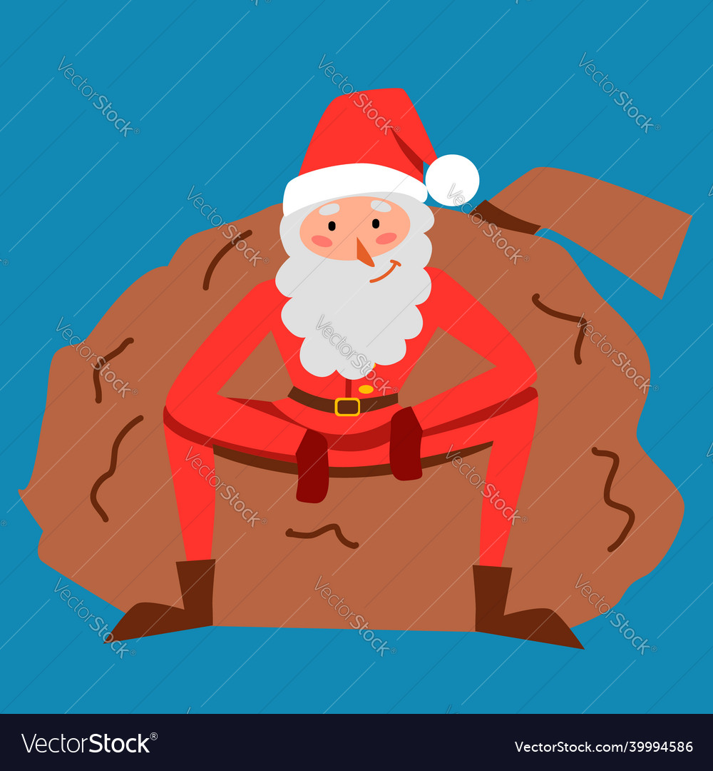 Skinny Santa Claus Is Sitting On A Bag Of Gifts Vector Image