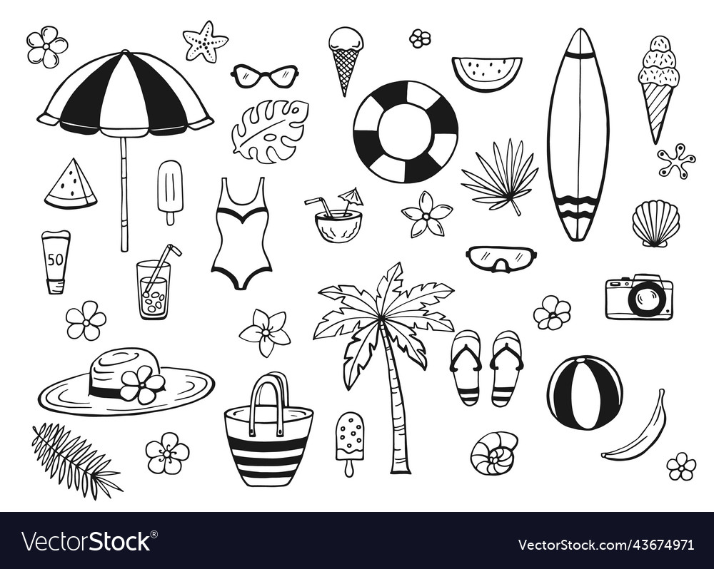 Hand Drawn Summer Beach Set Collection Royalty Free Vector