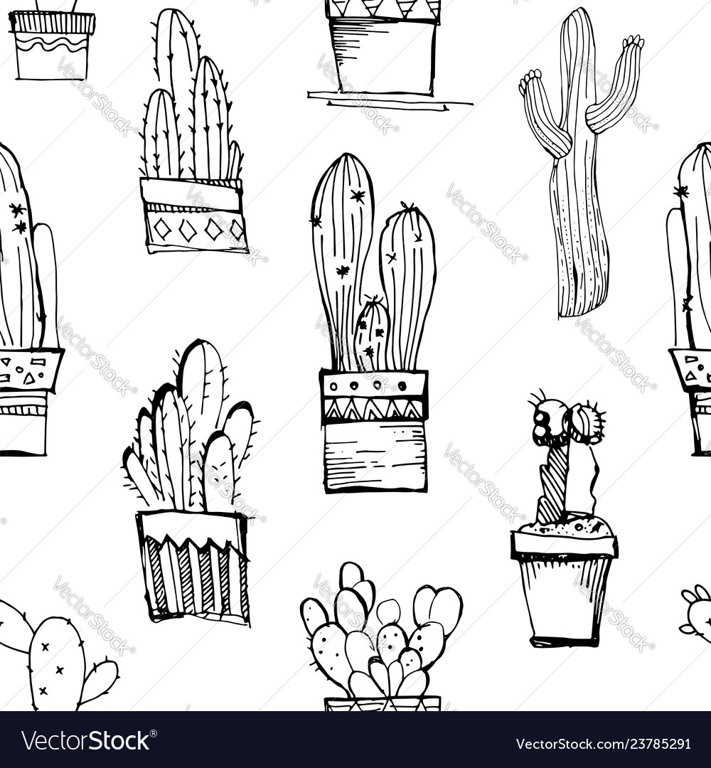 Cacti Handdrawn Sketch Seamless Pattern Royalty Free Vector