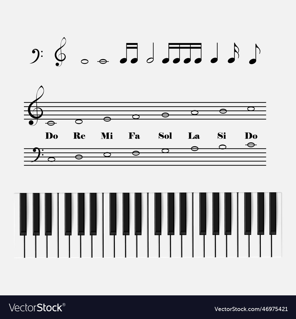 Realistic Piano Keys With Notes Music Theme Design