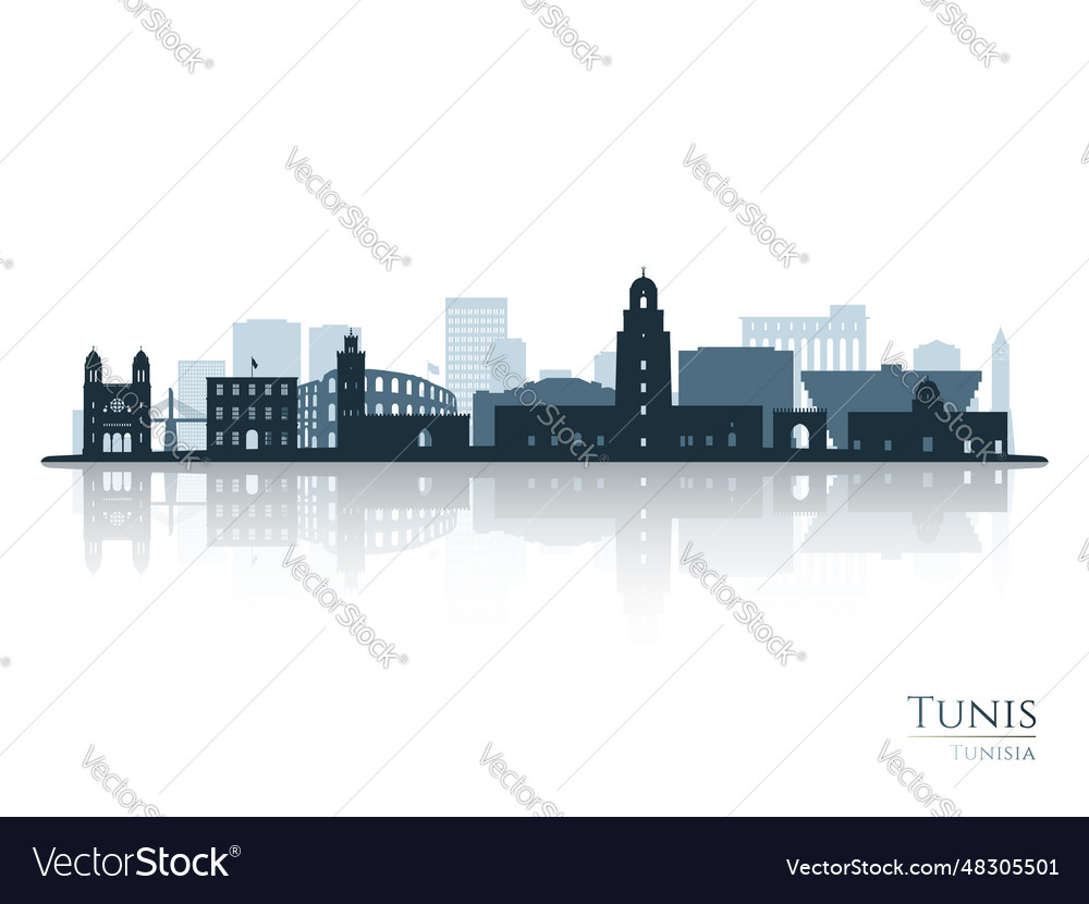 Tunis Skyline Silhouette With Reflection Vector Image