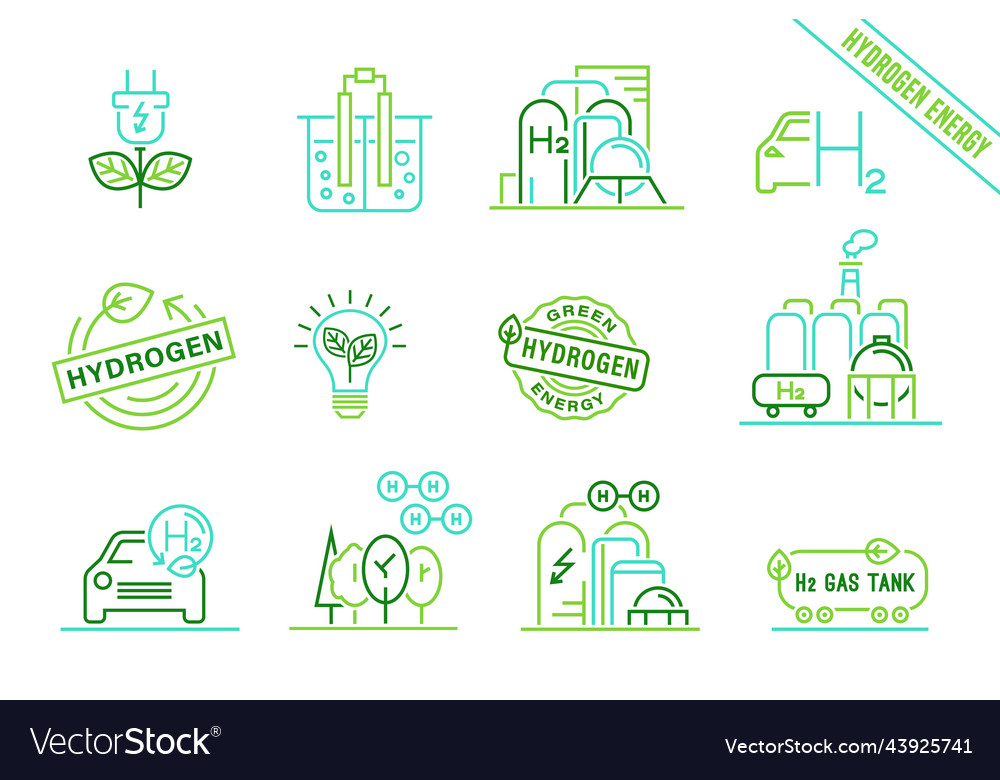 Green Hydrogen Production Icons Collection Vector Image