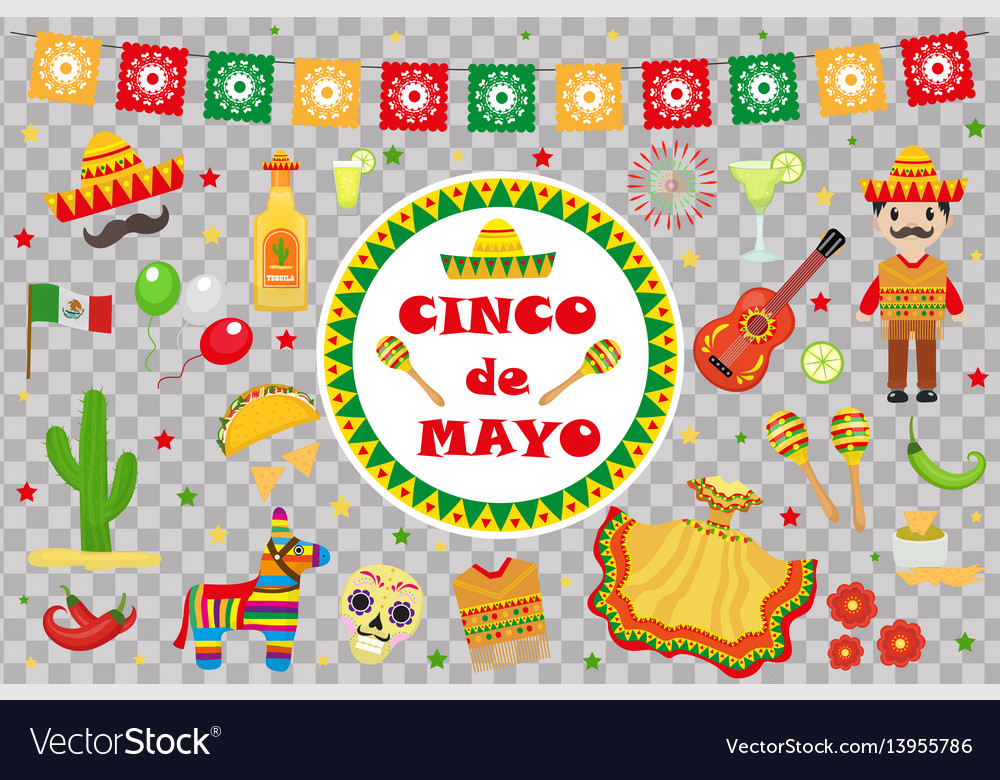 Cinco De Mayo Celebration In Mexico Icons Set Vector Image