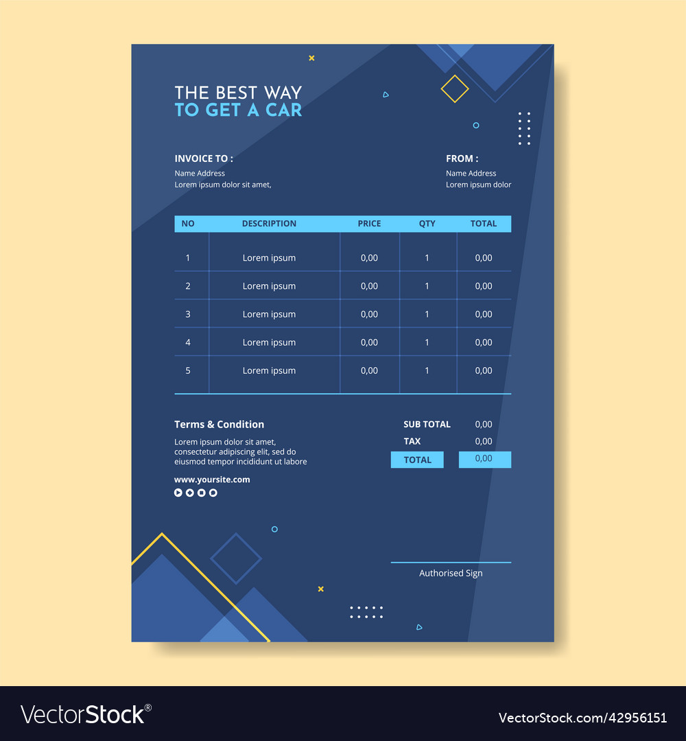 Car Rental Social Media Invoice Template Flat Vector Image