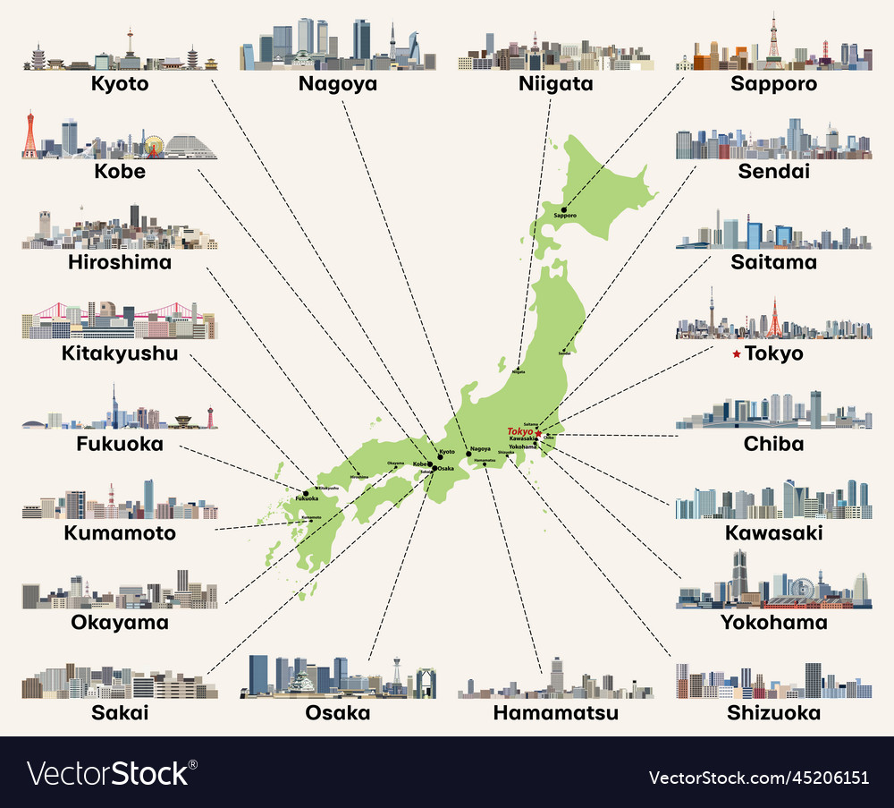 Japan Map With Main Cities Skylines Royalty Free Vector