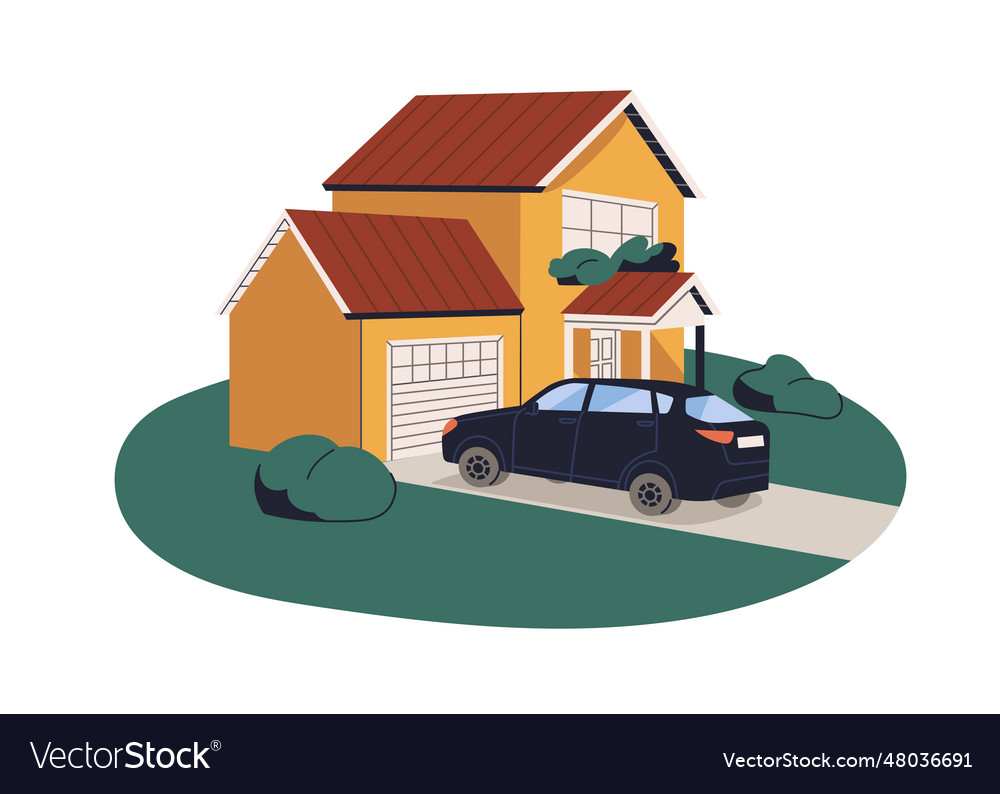 Car Parked At House Outside Of Home Building Vector Image