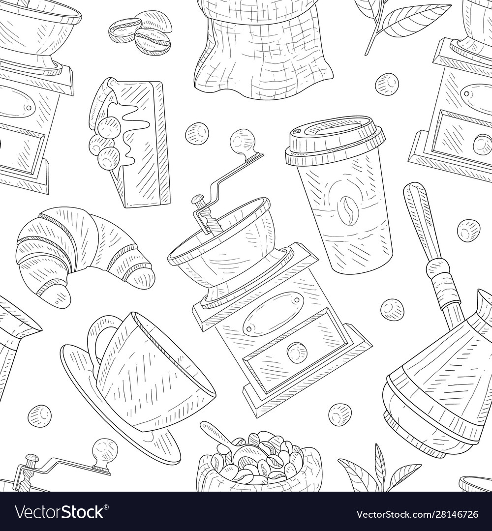 Coffee Hand Drawn Seamless Pattern Royalty Free Vector Image