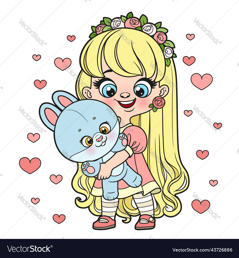 Cute Cartoon Long Haired Girl With Big Toy Bunny Vector Image