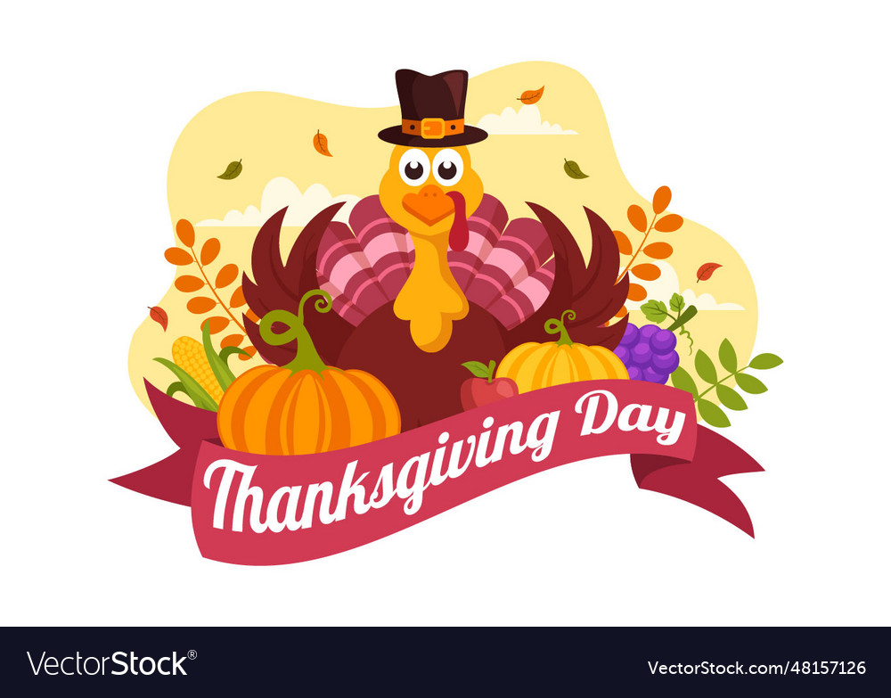 Happy Thanksgiving Day With Turkey Bird Pumpkin Vector Image