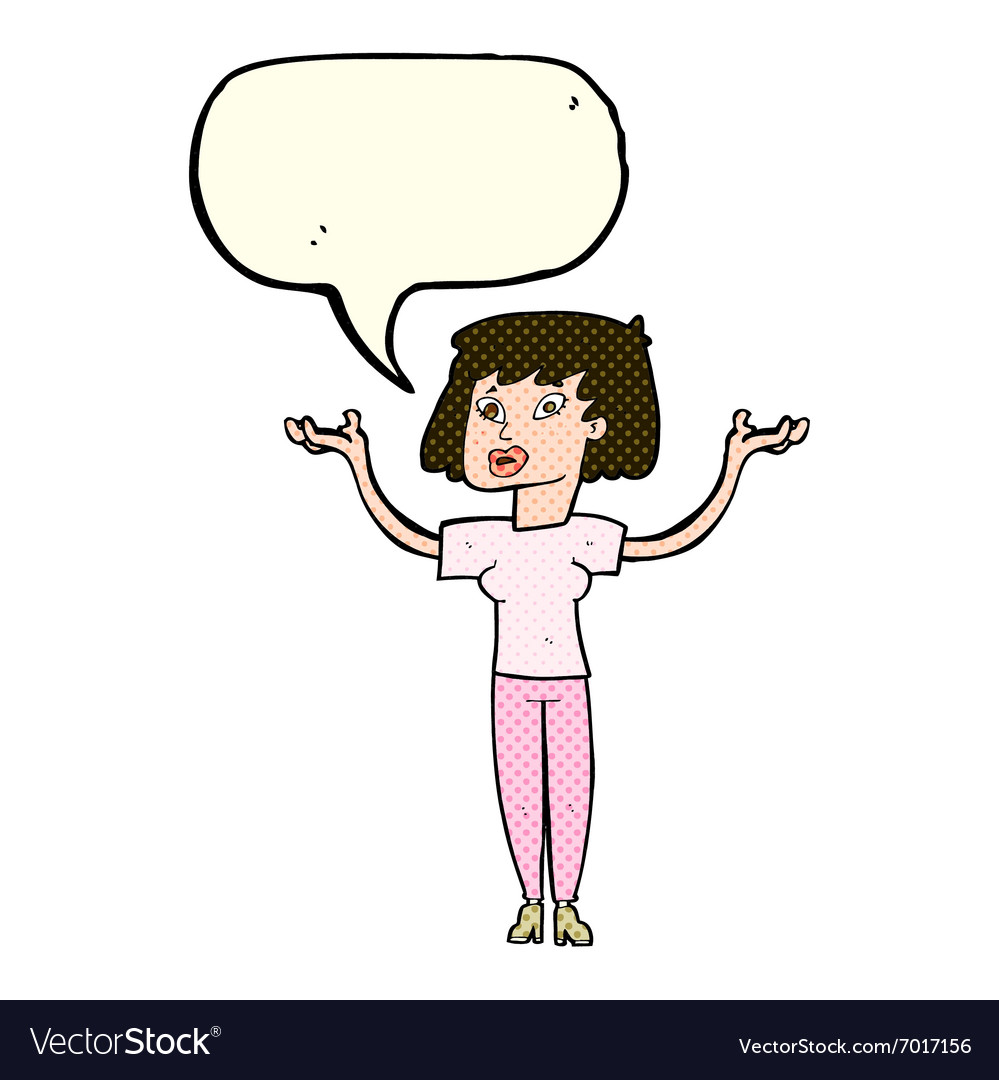 Cartoon Woman Holding Up Hands With Speech Bubble Vector Image