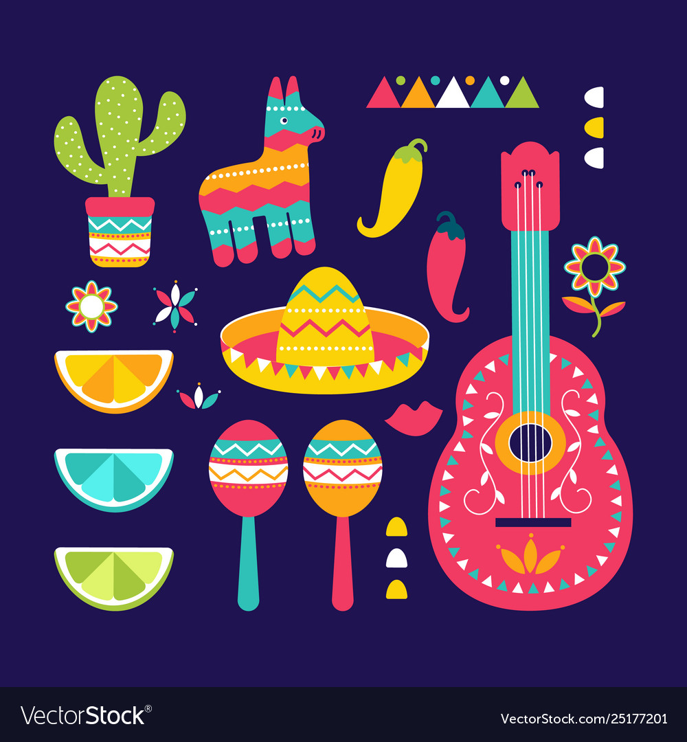 Cinco De Mayo Festival In Mexico Icon Set Set Vector Image