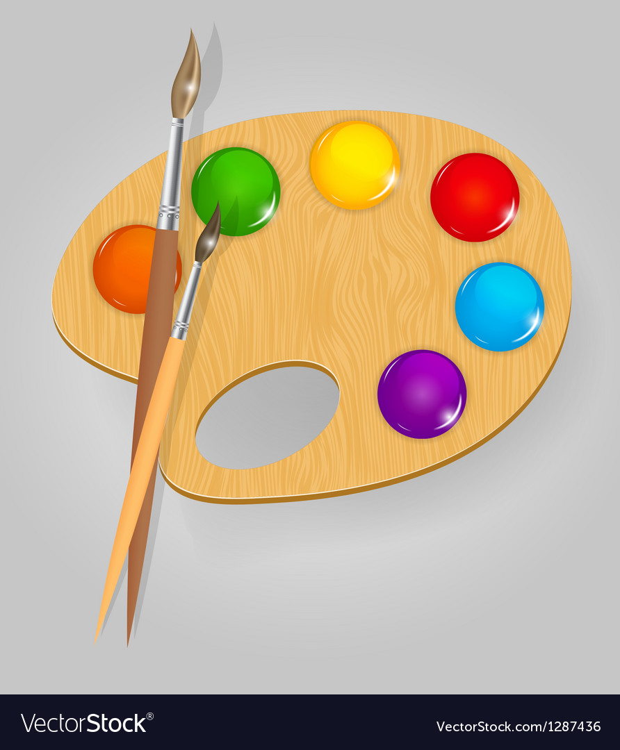 Wooden Art Palette With Paints And Brushe Vector Image