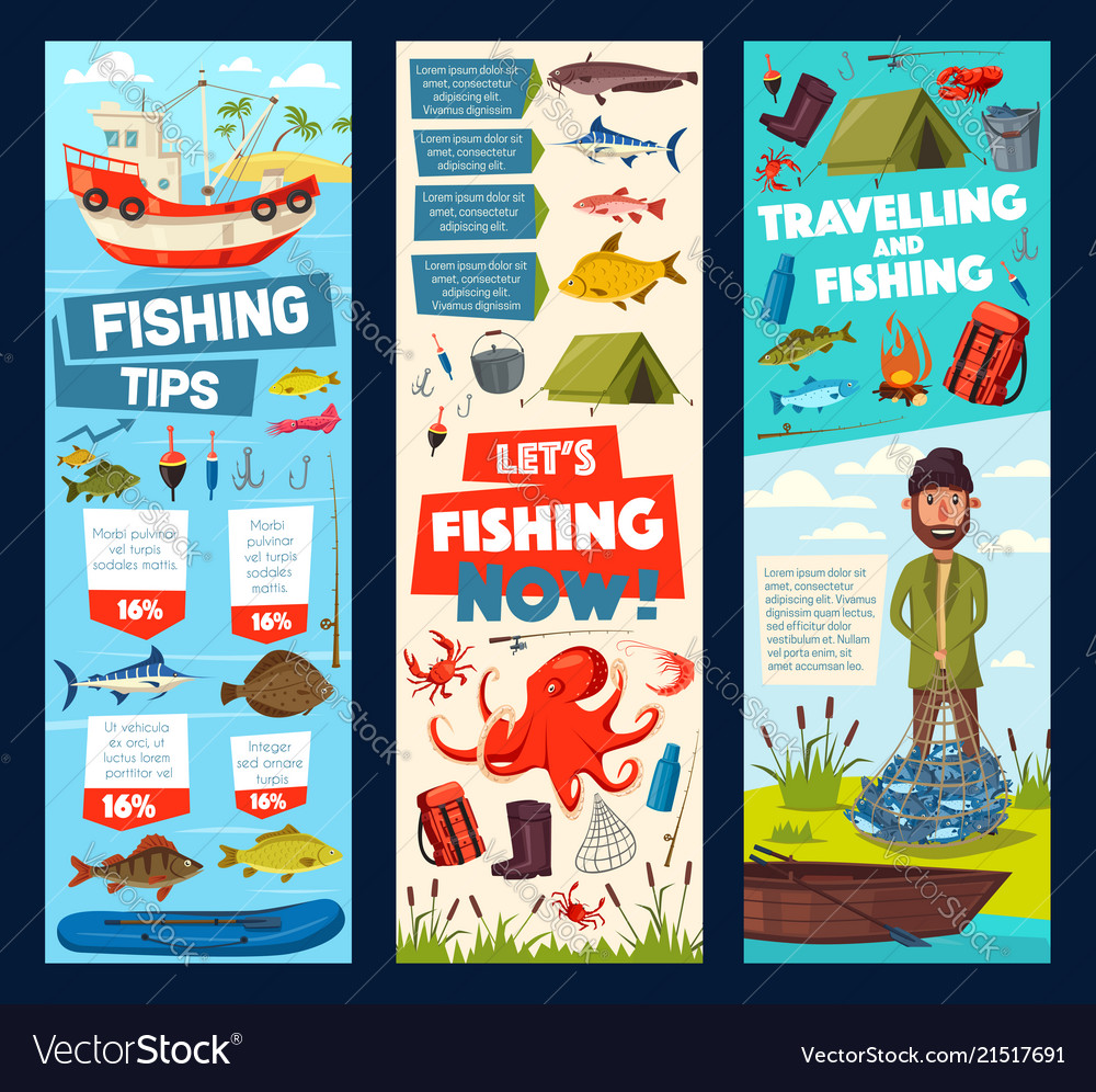 Fishing Trip And Fisherman Fish Catch Tips Banners