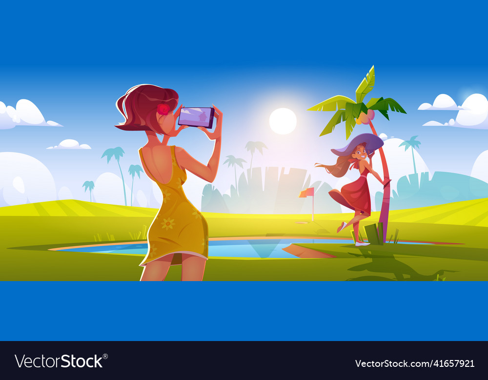 Girl Take Photo Of Woman On Golf Course Royalty Free Vector