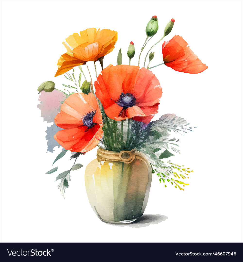 Watercolor Poppy Flowers In Vase Isolated Vector Image